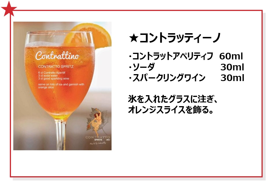 コントラッティーノ　レシピ　コントラットアペリティフ60ml,ソーダ30ml,スパークリングワイン30ml　氷を入れたグラスに注ぎ、オレンジスライスを飾る。